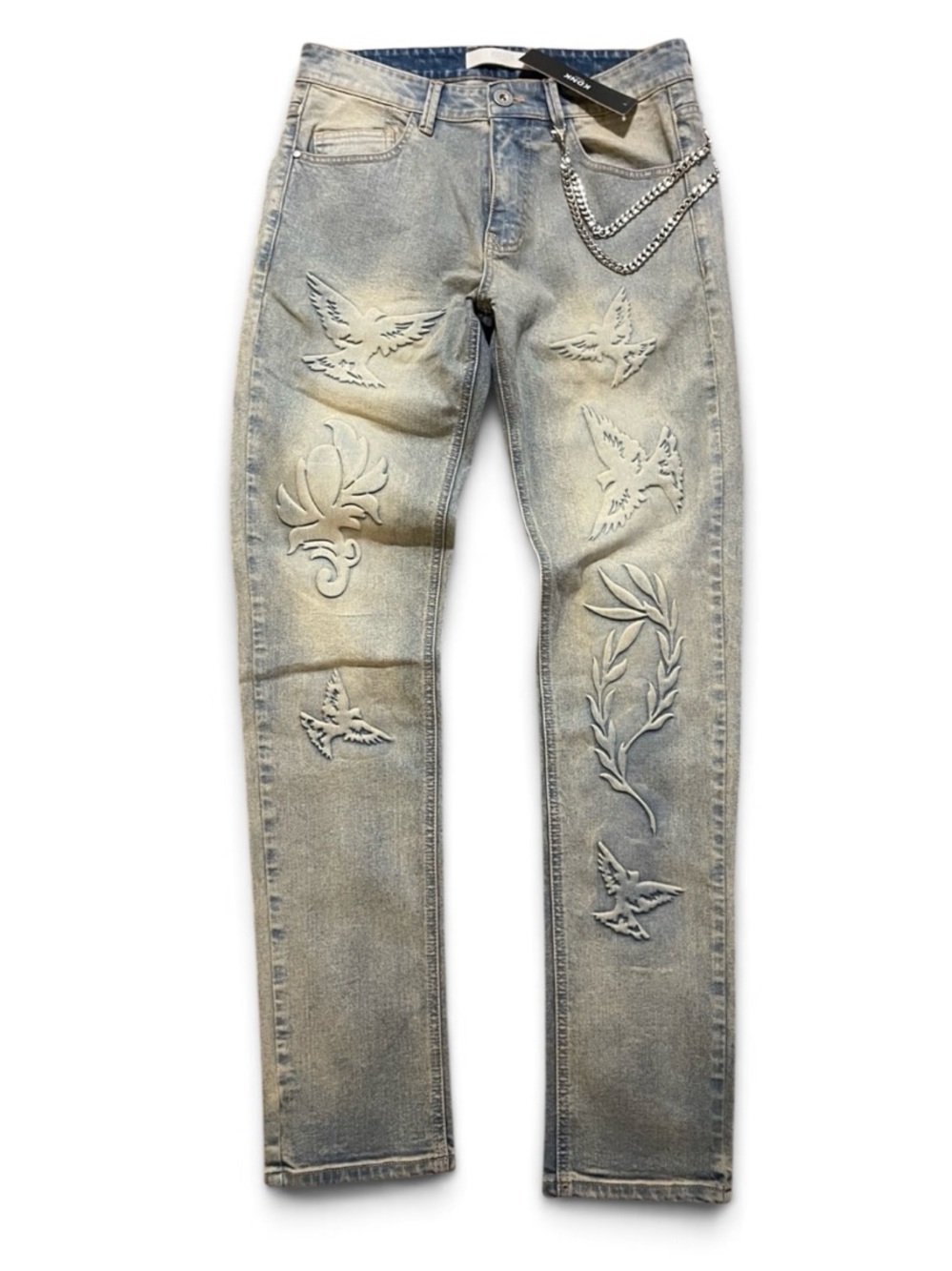 KDNK Light Blue Embossed Men's Jeans with Chain Detail